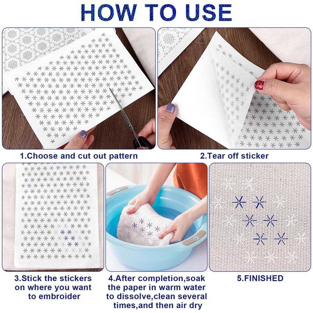 108Pcs Sashiko Embroidery Pattern Set Stabilizers Water Soluble Embroidery Transfer Stencils Stabilizers Embroidery Paper Stick