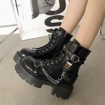 Мода 2024 года, новые готические ботильоны на платформе, женские модные панк-сапоги с пряжкой, молнией, заклепками, женские модные короткие сапоги с металлической цепочкой
