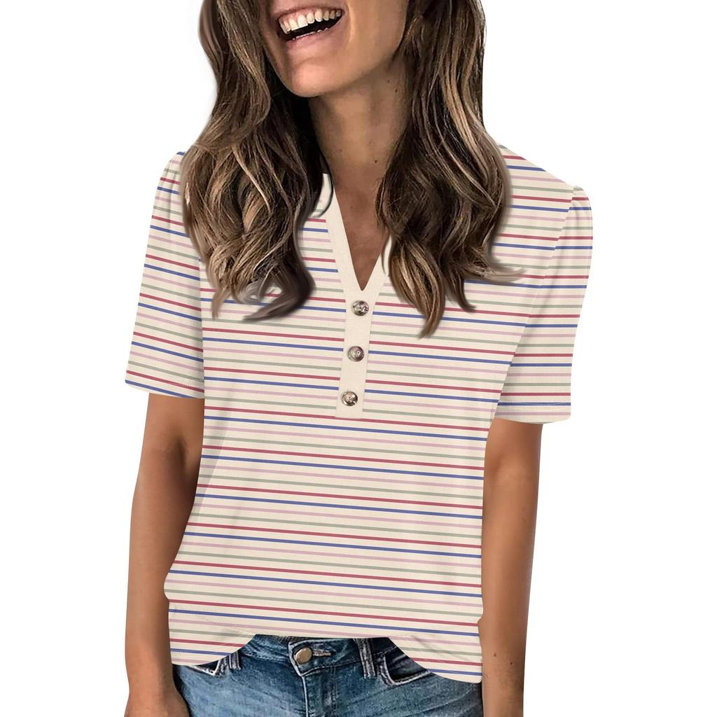 Женский модный повседневный свитер с коротким рукавом и принтом на пуговицах и V-образным вырезом