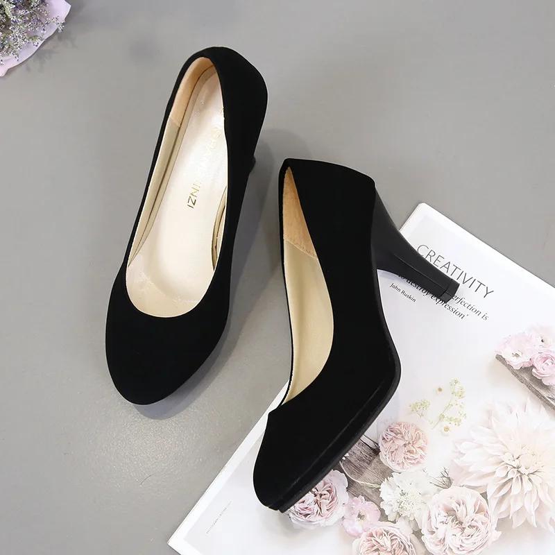 Autumn Round Toe Women's High Heels Work Non Slip Leather Footwear Black Sexy Fashion Pumps Comfort Casual Ladies Shoes Mujer