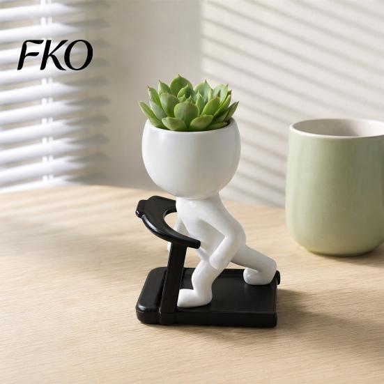 Mini Green Plant Pot Fun Workout Figure Planter, Modern Resin Treadmill Runner Pot, Dumbbell Black And White Planter Body Builder Holder,