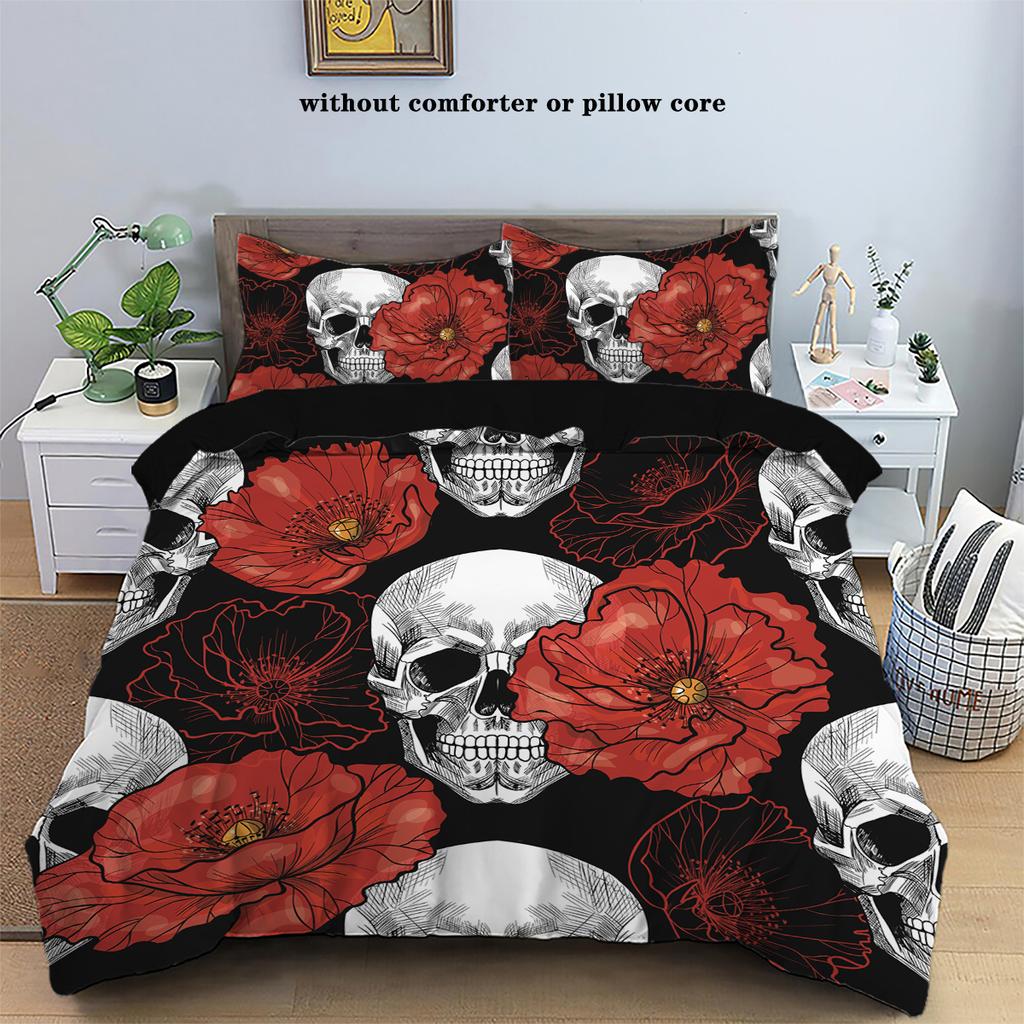 Комплект пододеяльника из трех частей с принтом в виде черепов и цветов (1 пододеяльник+2 наволочки, без наполнителя) Комплект постельного белья на тему Хэллоуина