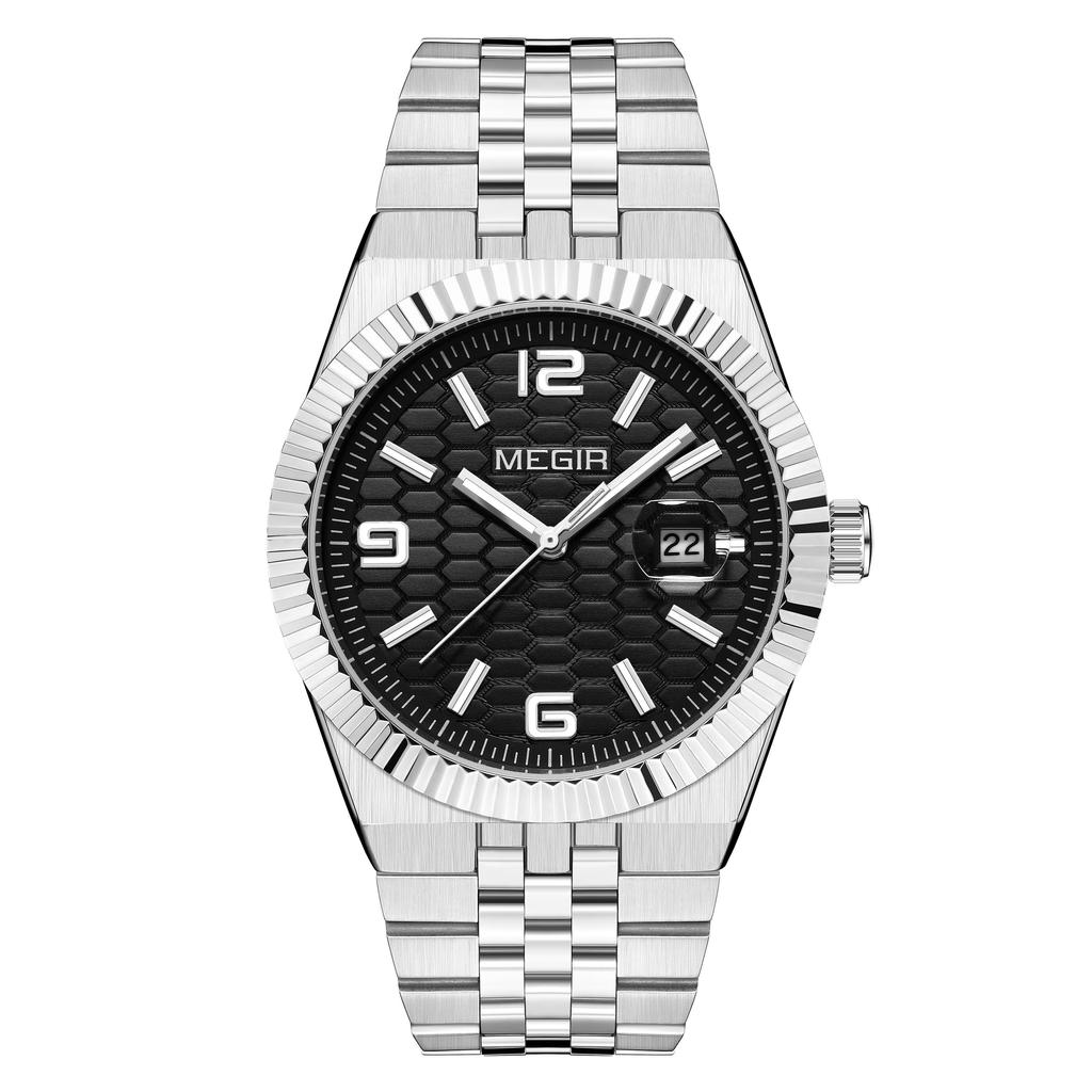 Megir Часы мужские наручные с большим циферблатом, деловые, для отдыха, из нержавеющей стали, водонепроницаемые, люминесцентные, с автодатой, подарок для мужчин, Reloj Hombre 1101