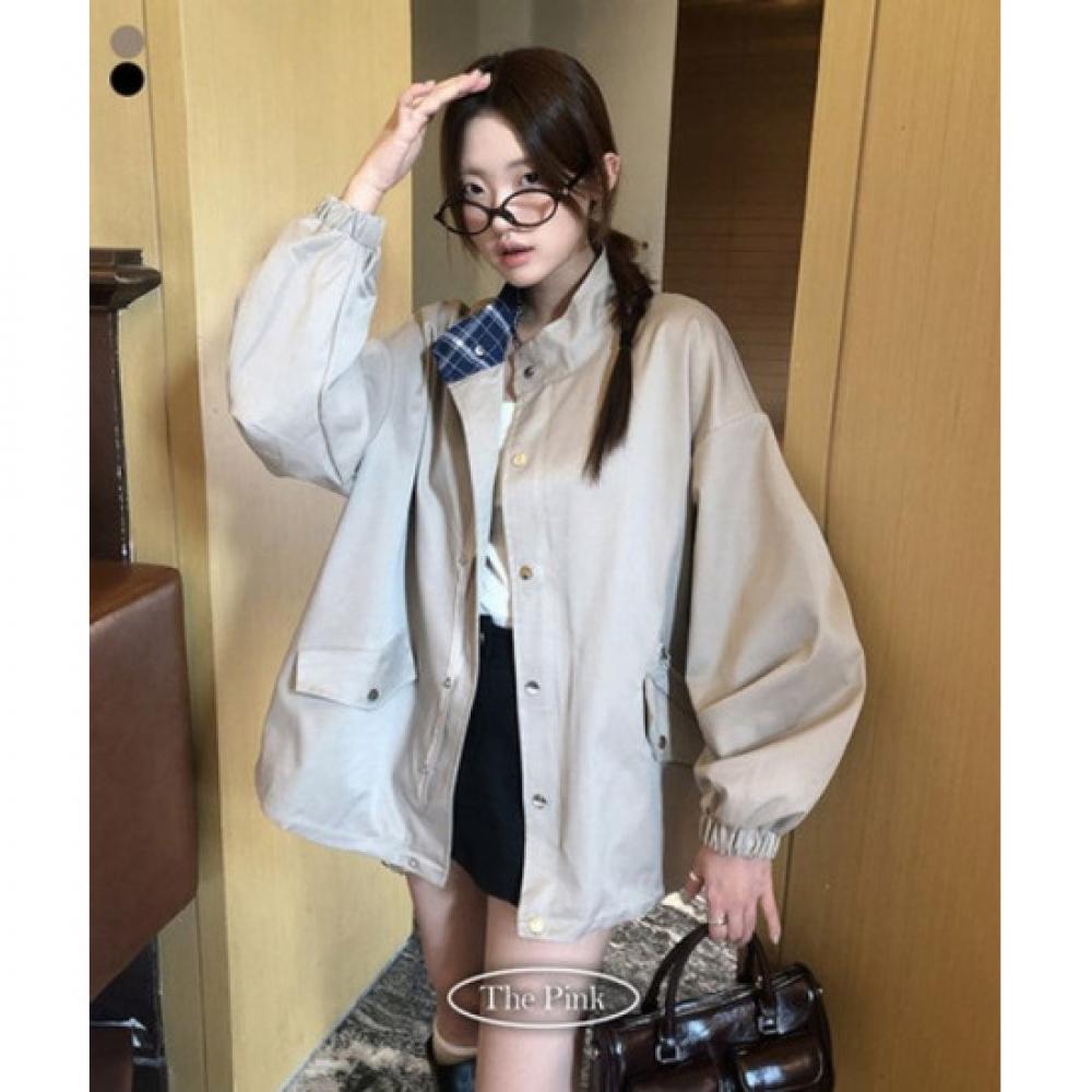 The Pink Women Routing Check Color String Military Jacket