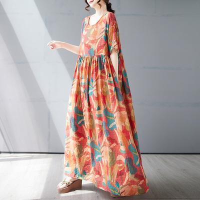 Летнее новое простое богемное длинное платье, расширенное и увеличенное, с короткими рукавами и круглым вырезом, с принтом, женская одежда