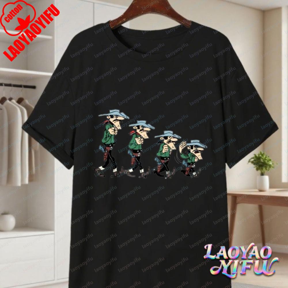 Classic Lucky Luke Cast Print Casual Tops Retro Western Animation Cotton TShirt Summer Casual Wear for Unisex Women Trendy Tee