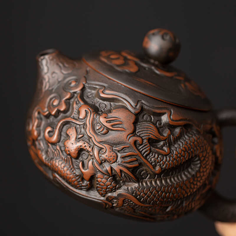 Чайник с резьбой в виде дракона из фиолетовой керамики Цзяньшуй, расписанный вручную, старинный рельефный чайник, домашний чайник, чайный сервиз кунг-фу