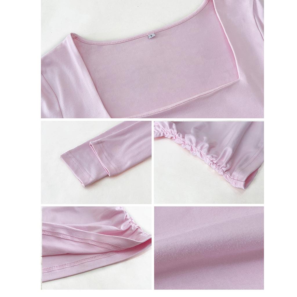 Women's Fashion Solid Color Square Neck Long Sleeve Pullover Slim Casual Top