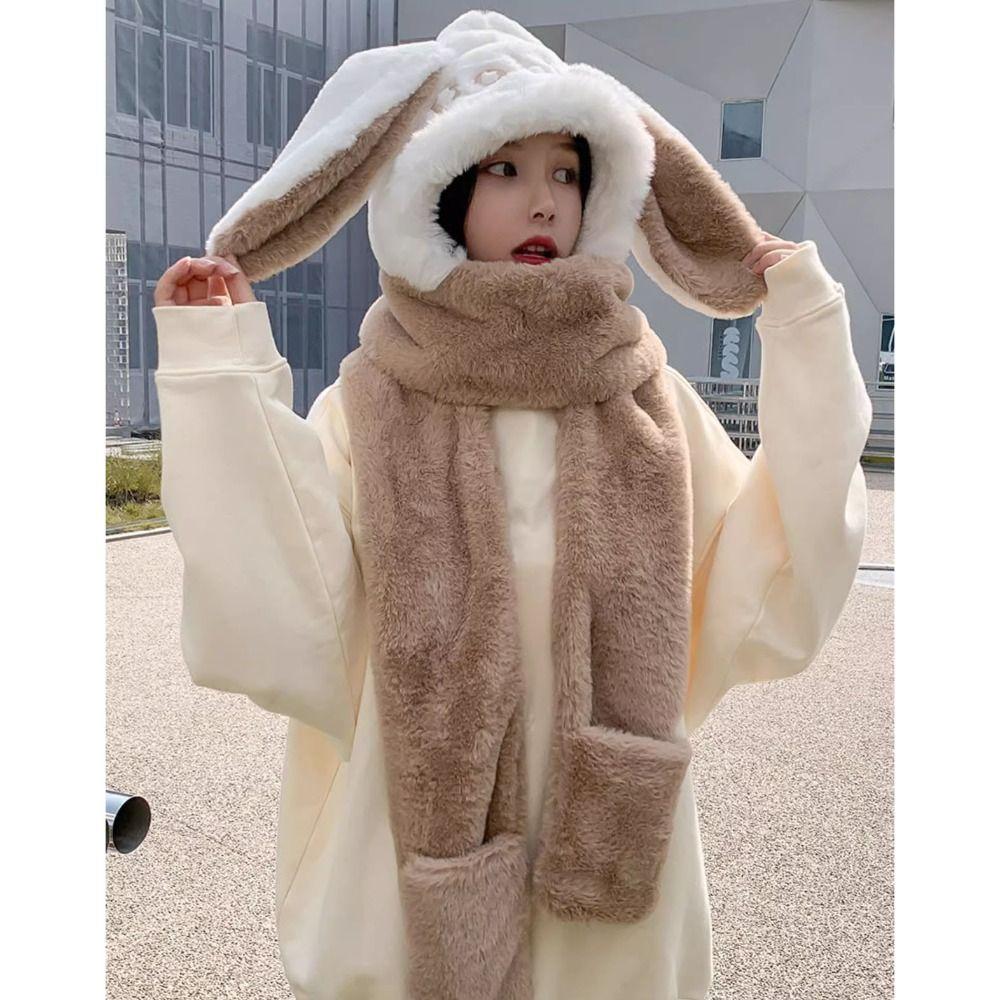 Thicken Plush Scarf Hat Gloves Set Keep Warm Plush Scarf Cute Hooded Scarf Women Girls