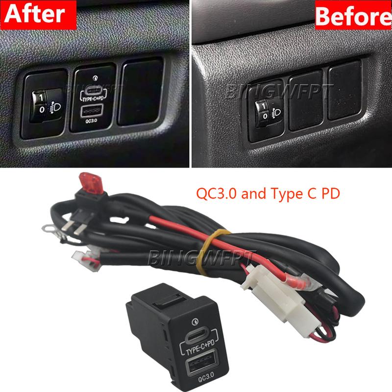 Car USB Charger PD Quick Charge Phone Charging Adapter Outlet Button For Mitsubishi Outlander 14-22 L200 Triton Red LED