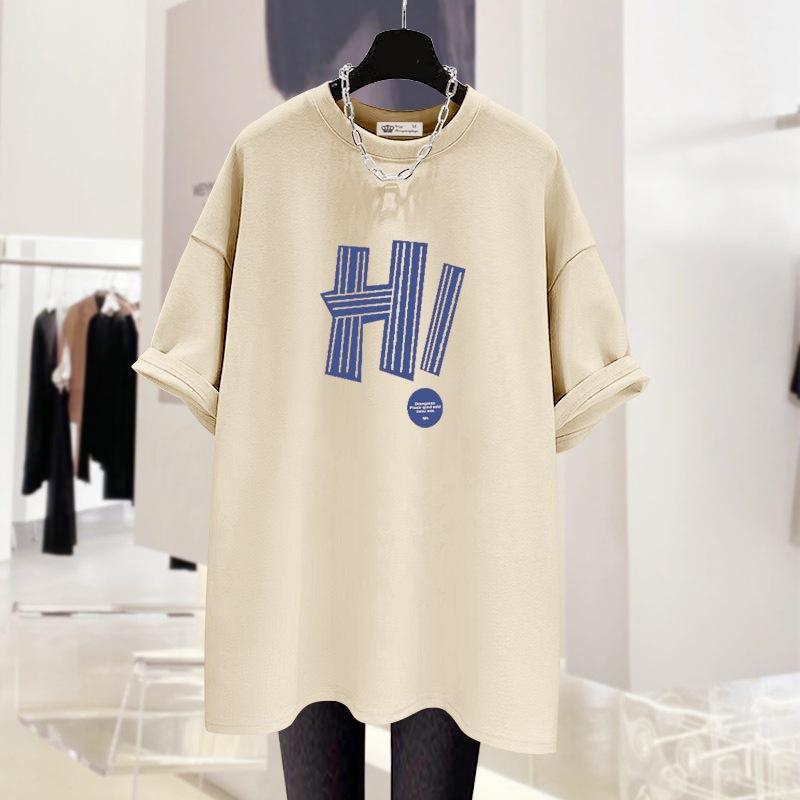 Новая летняя корейская футболка в гонконгском стиле с надписью Trendy Large Version Loose Grey с короткими рукавами для женщин средней длины