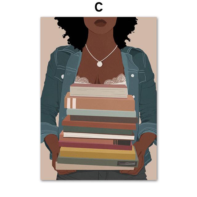 Solid Wood Frame Abstract Black Girl Reading Book Coffee Moon Art Canvas Painting Nordic Posters And Prints Wall Pictures For Living Room Decor