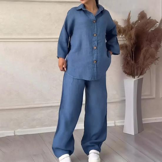 Женская блузка и брюки, комплект из 2 шт./компл., топ с лацканами и длинными рукавами больших размеров, свободные брюки с тонкой эластичной резинкой на талии, повседневная домашняя одежда, наряд на каждый день