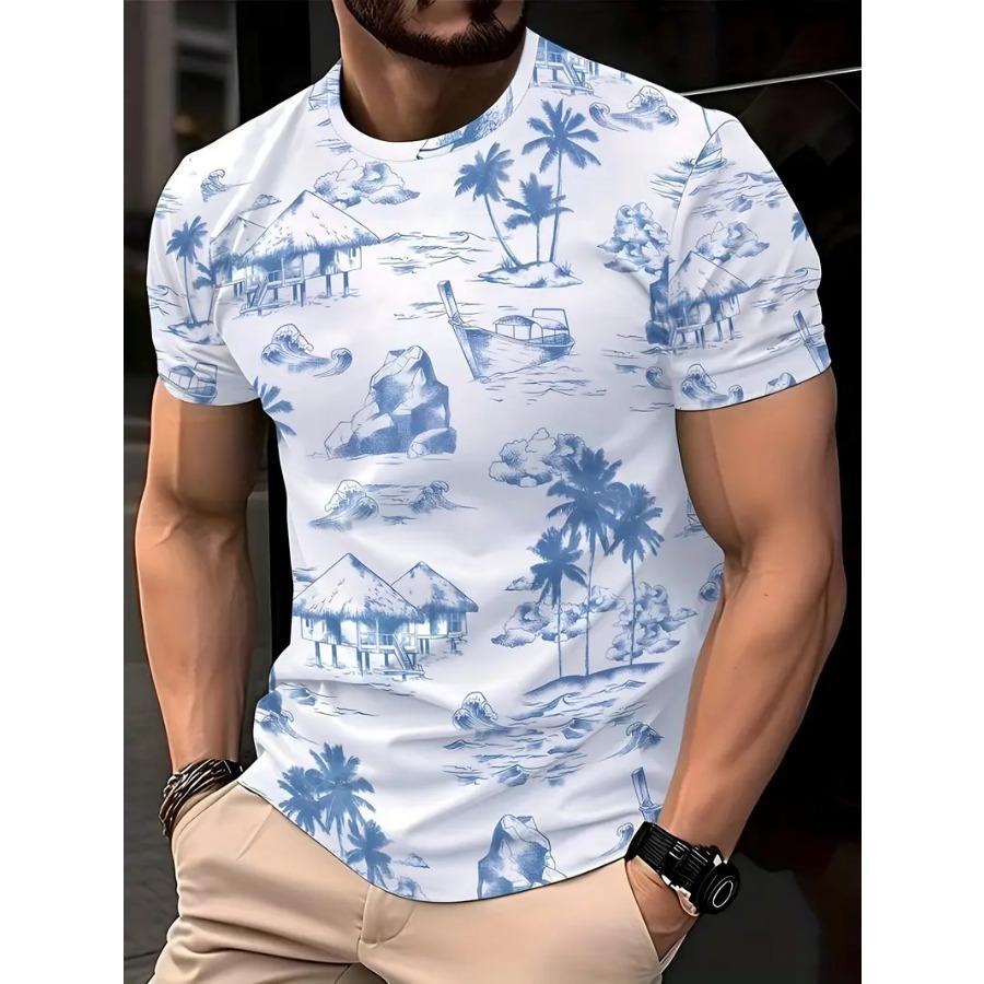 Повседневная футболка с круглым вырезом и художественным принтом, мужские топы из полиэстера с полосатым узором, модная одежда обычного кроя