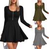 Womens  Fashionable Solid Color Long Sleeved V Neck Long Sleeved Dress