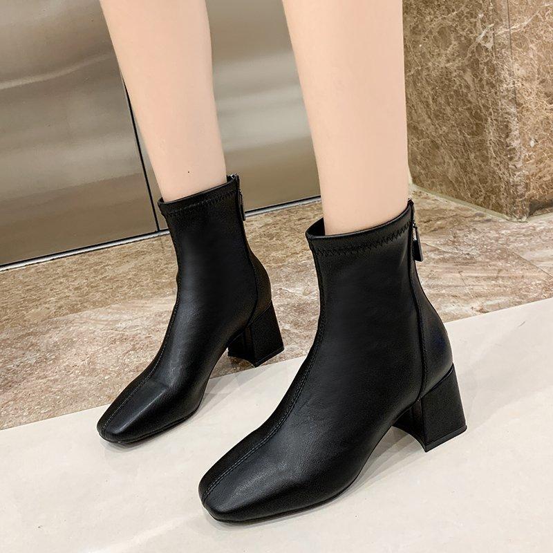 Женские однотонные модные туфли на высоком каблуке с застежкой-молнией сзади Модные ботинки Высокие ботинки Кожаные туфли Ботинки средней высоты Женская обувь