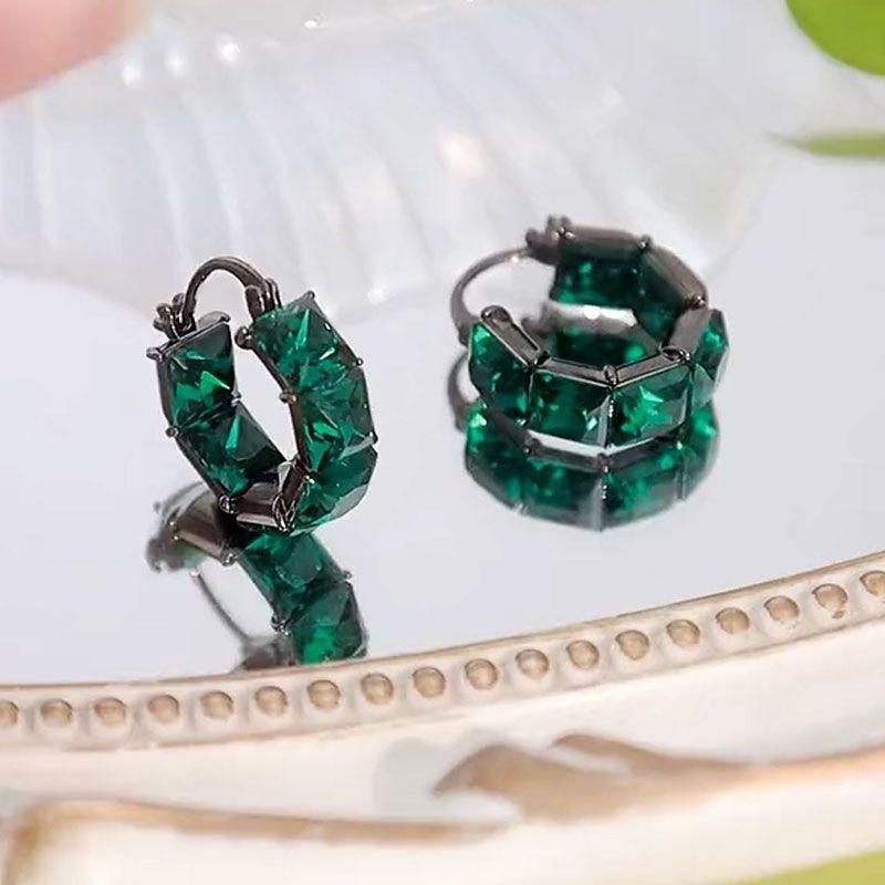 Square Green Grey Crystal Round Hoop Earrings for Women Men Black Gold Color Zircon Ear Buckle Wedding Party Jewelry Antique