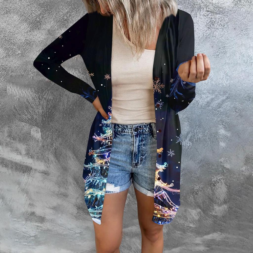 Women's Fashion Casual Long-sleeved Print Medium Length Cardigan Button Jacket Coat