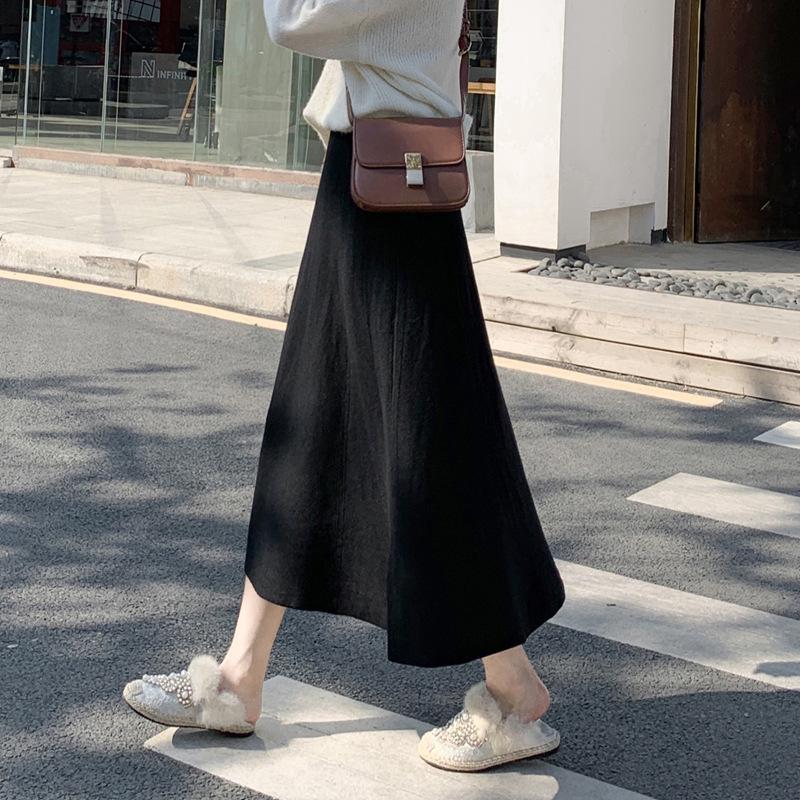 Women's High-Waisted A-Line Wool Skirt with Sweater - Hip-Covering, Slimming, Medium-Length for Autumn/Winter