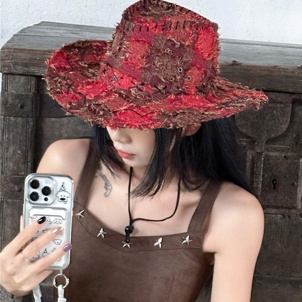 Adjustable Wide Brim Sun Hat Y2k Plaid Knight Hat Vintage Western Cowboy Hat for Male Female