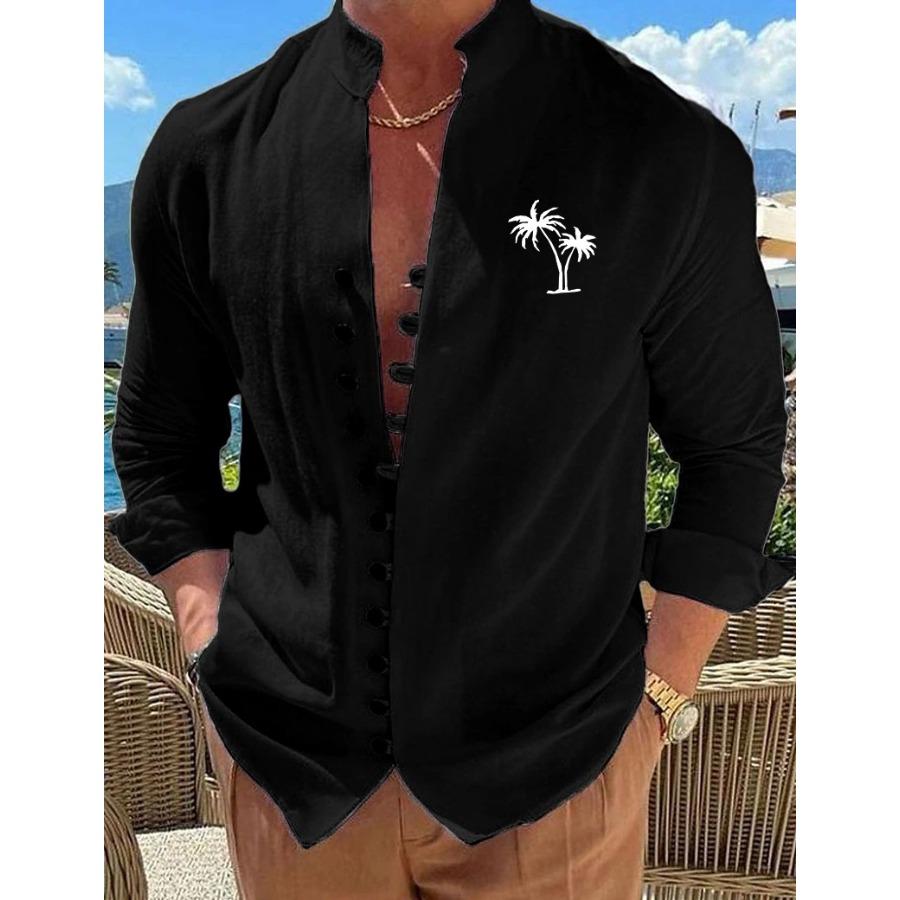 Autumn Long Sleeved Stand Up Collar Coconut Tree Printed Retro Slim Fit Men's Casual Shirts Beach Style Top Man