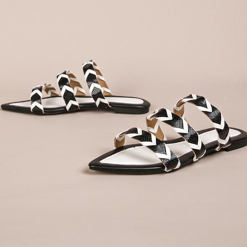 Fashion Pointed Toe Weave Flat Slippers Summer Fashion Open Toe Patchwork Women Sandals Casual Comfortable 36-43 Large Size Women Shoes