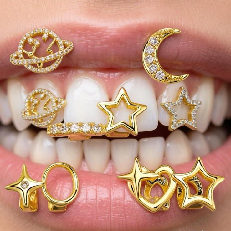 Hollow Star Moon Shape Grillz HipHop Planet 5pcs Tooth Grillz Bling CZ Inlaid Rapper Party Teeth Cap Fashion Mouth Decoration
