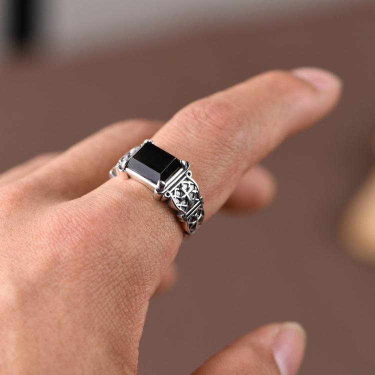 Silver Color New Cross Ring Men's Personality Dominant Trend Hip Hop Single Ring Black Stone Jewelry