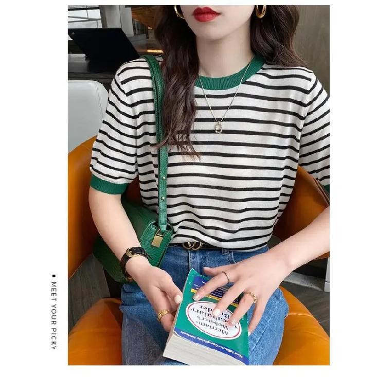 2026 Stripe Tops Women Knitted Round Collar Summer Print Short Sleeve Casual Simple Wild T-Shirt