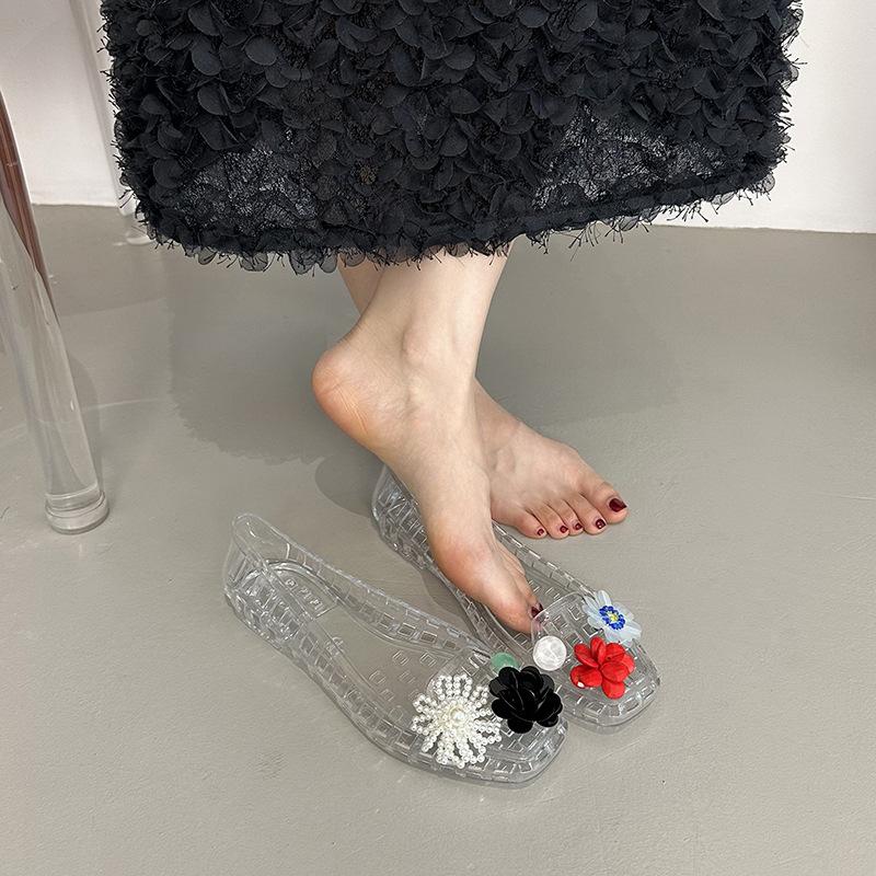 Transparent Crystal Jelly Sandals Hollow Out Slippers Korean Style Flat Shoes Women's Square Toe Shallow Slip On Ballet Loafers
