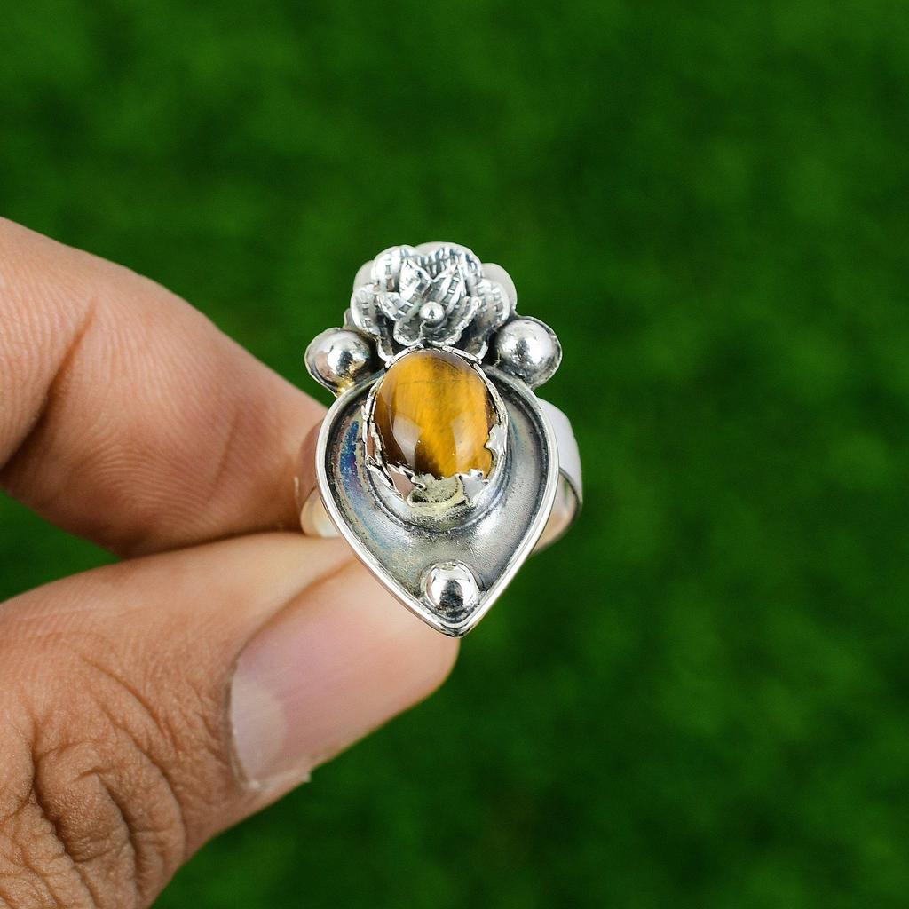 Natural Tiger'S Eye 925 Silver Statement Flower Adjustable Ring For Women