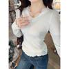 Fashion V Neck Lace Splice Knitted Bottoming Shirt Women's Elegant Casual New Slim Fitting Top Elegant Solid Color Sweet Long Sleeve Clothing