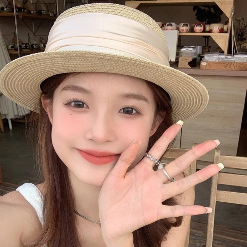 Соломенная шляпа с плоским верхом, летний женский козырек на завязках, универсальная соломенная модная шляпа-топ из атласа, пляжная шляпа для морского побережья