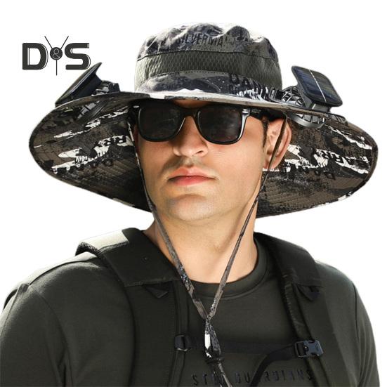 Men Fisherman Hat with 2 Solar Fan Large Brim Windproof Strap USB Charging Anti-UV Sunlight Protection Quick Dry Great Breathability Outdoor Fishing