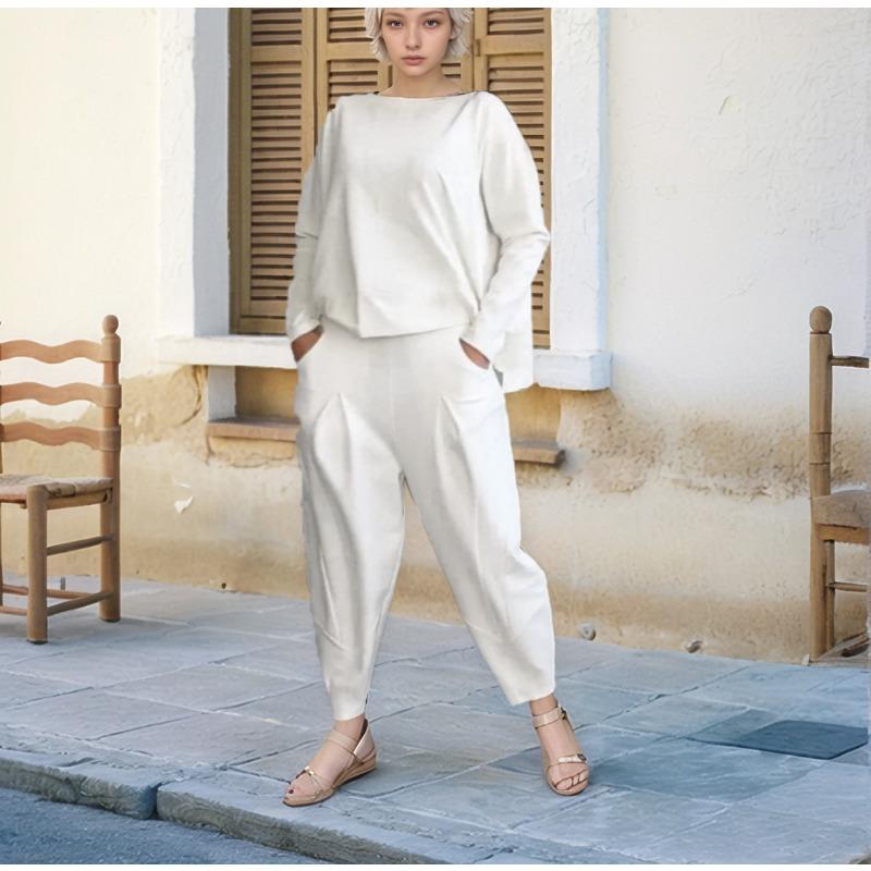 Модная повседневная рубашка с круглым вырезом и длинным рукавом, комплект из двух частей, свободные брюки, осенний однотонный костюм больших размеров с карманами, женская одежда 1846