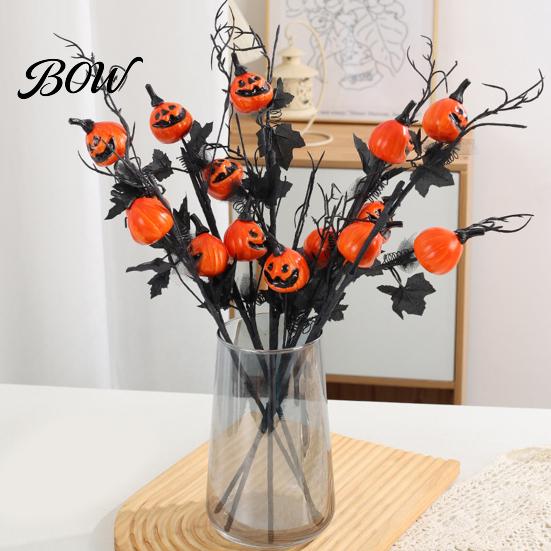 Spooky Halloween Home Decor Artificial Pumpkin Stems, Black Branch with Maple Leaves, Fake Leaf And Gothic Floral Arrangement for Vase,