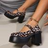 Леопардовые туфли-лодочки на массивном высоком каблуке для женщин 2025 Модные туфли Мэри Джейн на платформе с ремешком и пряжкой Женские готические туфли на толстом каблуке для вечеринок