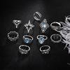 11Pcs/Set Retro Flower Carved Pattern Knuckle Rings Hollow Out Faux Gem Inlaid Silver Color Rings Set