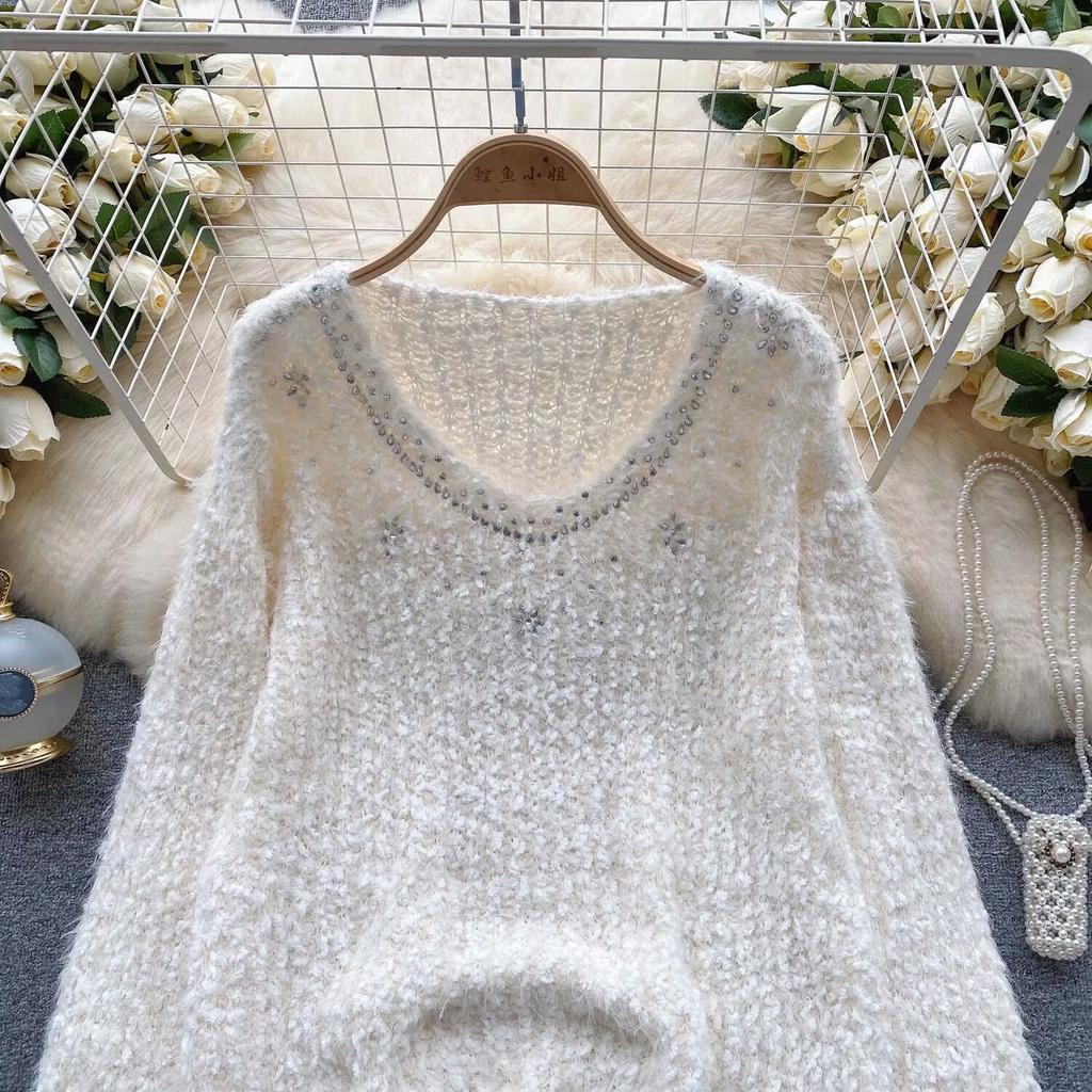 Осень Зима Женский Сладкий Трикотажный Свитер с V-образным Вырезом из Мягкого Пушистого Мохера со Стразами Рождественский Пуловер Топы