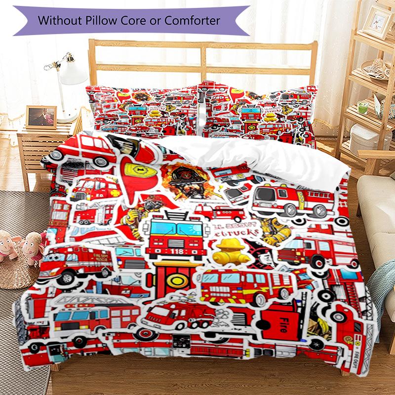3pcs fire truck Bedding Set Duvet Cover Closure Includes 1 Duvet Cover & 2 Pillowcases, Soft and Comfortable for All Seasons.