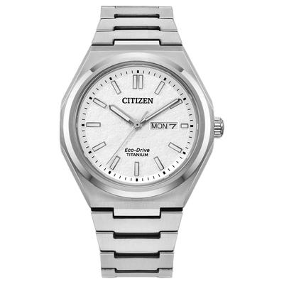 Мужские часы Citizen Eco-Drive из серии Super Titanium™ Водонепроницаемость 100 м Солнечный кварцевый механизм Браслет из Super Titanium Белый циферблат AW0130-85A