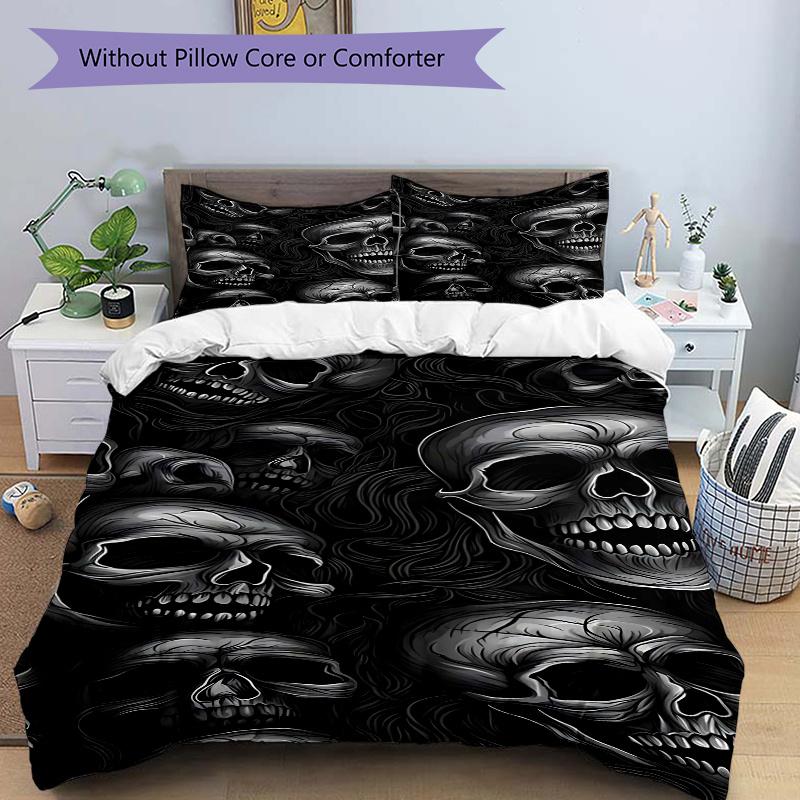 3pcs Skull Patterned Pillowcase Set - Includes One Quilt Cover and Two Pillowcases (No Core) - Home Decor, Festival Gift, Polyester Fabric, Anime Cart