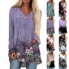 Women's Casual Long Sleeved V-neck Floral Print Long Loose T-shirt Top