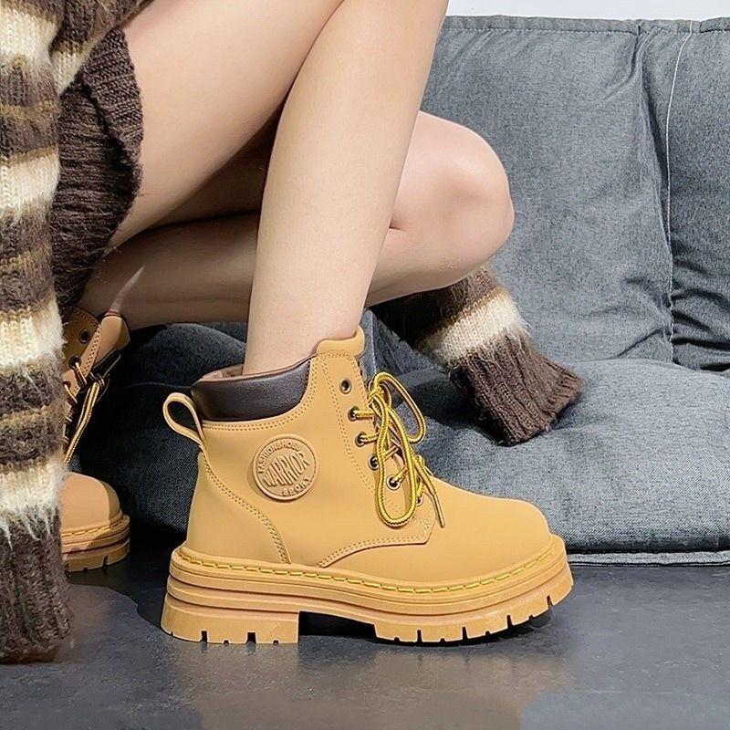 Осень Новые Однотонные Ботильоны на Толстом Каблуке Женская Мода Круглый Носок Передний Ремешок Толстая Подошва Противоскользящие Износостойкие Короткие Ботинки