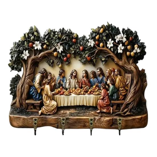 Wall Mount Key Holder Wooden Carving Jesus Themed Key Organizer Multi-purpose Home Office Entryway