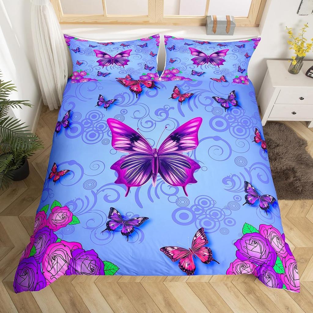 Teal Purple Butterfly Duvet Cover Queen King Size Floral Boho Decor Aesthetic Mandala Bedding Butterfly Print Set 3 Pcs