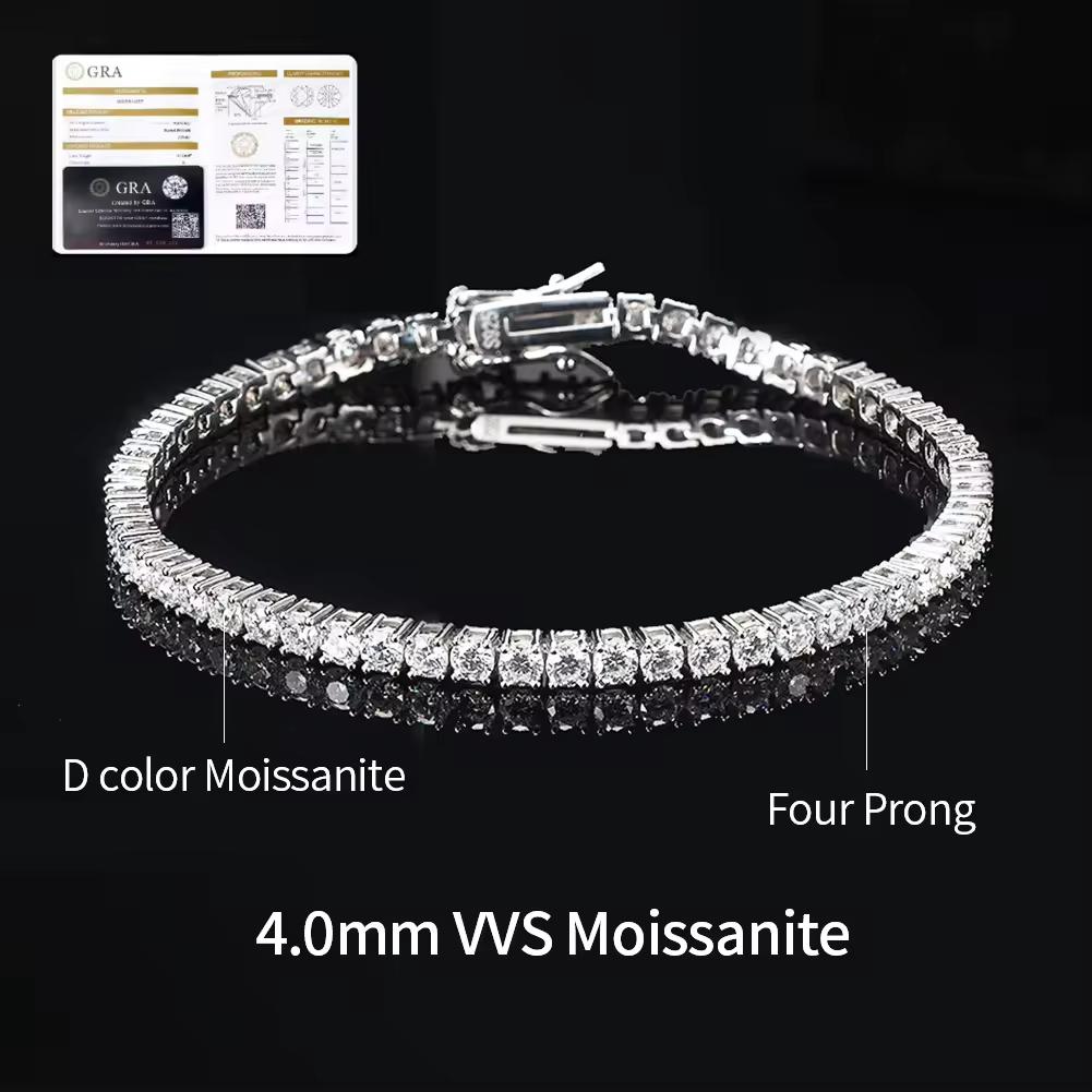 MOB01 2mm-6.5mm Hip Hop D VVS1 Moissanite Tennis Bracelet 14k White Gold Plated 925 Sterling Silver Tennis Chain Bracelet
