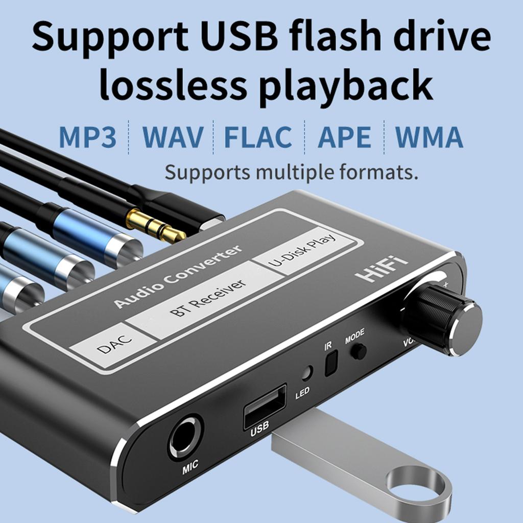 Wireless Audio Converter DAC Bluetooth-compatible5.1 Receiver Support USB U-Disk Play with Microphone Remote Control