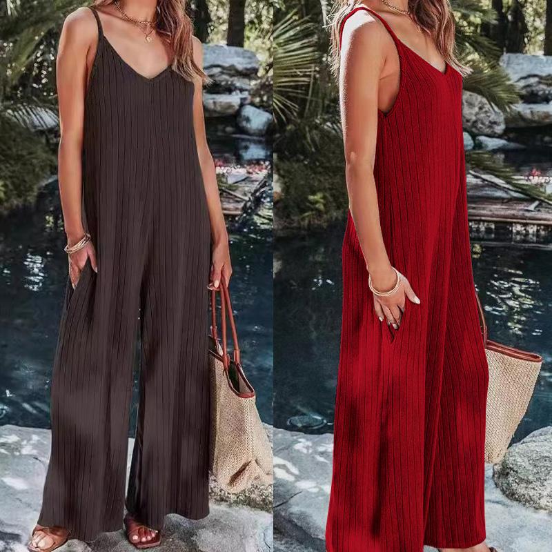1Set Polyester Fiber Fashion Knitting Sexy Backless Solid Color Trousers Casual with The Pocket Women's Suspender Jumpsuit