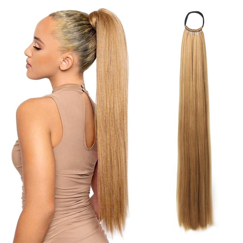 Синтетические наращивания хвоста на эластичной ленте, прямой наращивание хвоста для женщин, длинный прямой мягкий натуральный хвост 24 дюйма